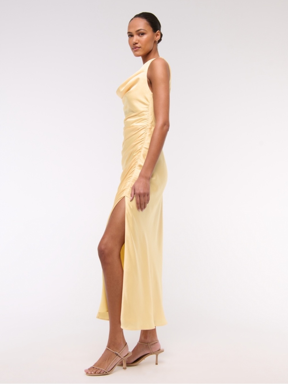 Elegant Yellow Cowl Neck Draped Satin Dress with Side Ruched Slit - Picture 2 of 6